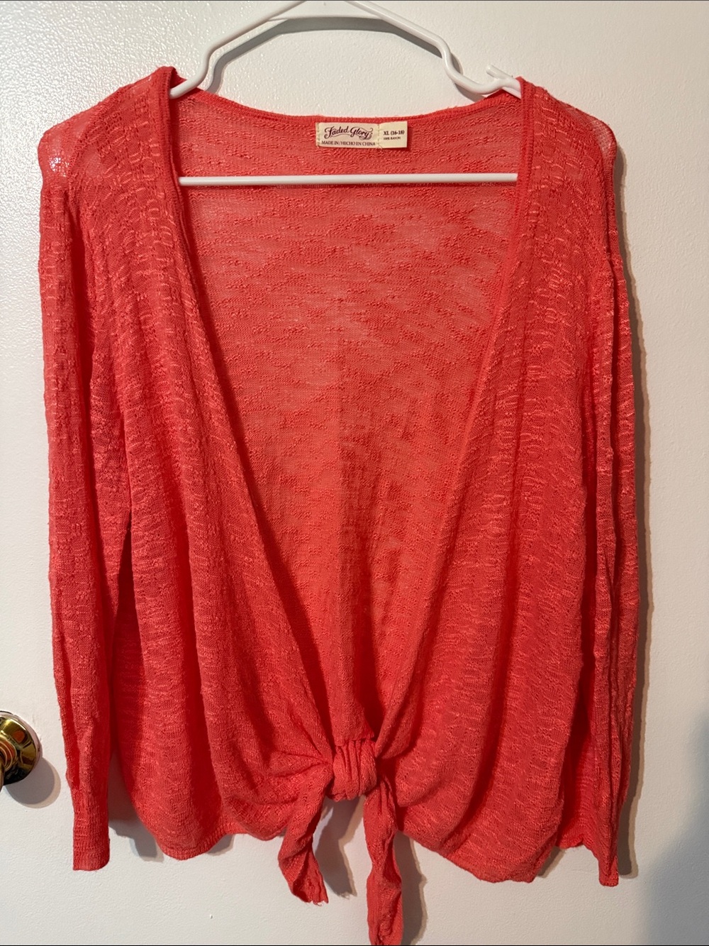 Faded Glory Coral Open-Front Tie-Front Lightweight Cardigan